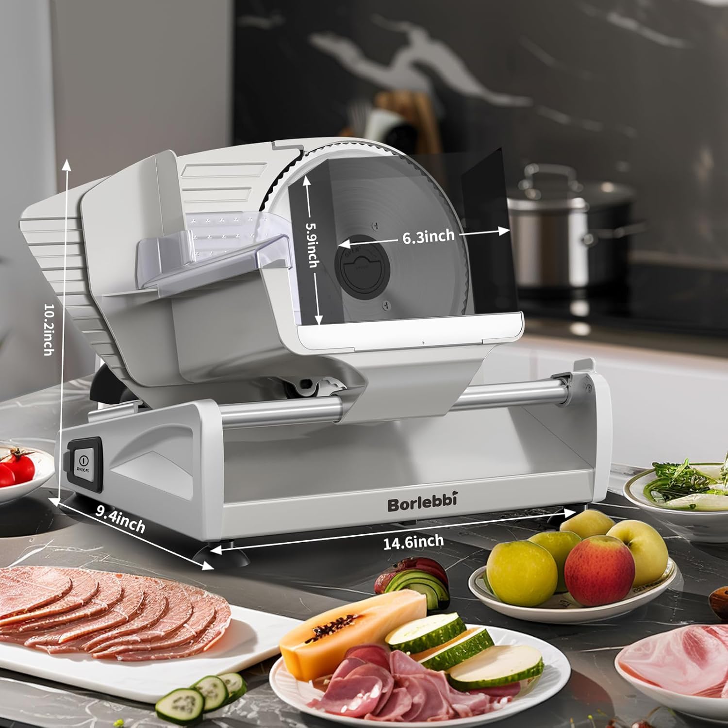 Color Silver Borlebbi Meat Slicer, 200W Meat Slicer Machine for Home, DC Motor Quiet Deli Slicer with 2 Removable 7.5'' Stainless Steel Blades, Adjustable Dial for 0-15mm, Electric Food Slicer for Meat, Cheese, Bread